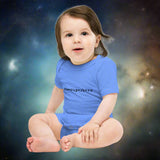 Child wearing a blue "ex-superhero" onesie against a space background.