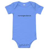 Blue baby onesie with 'ex-superhero' text on a white background